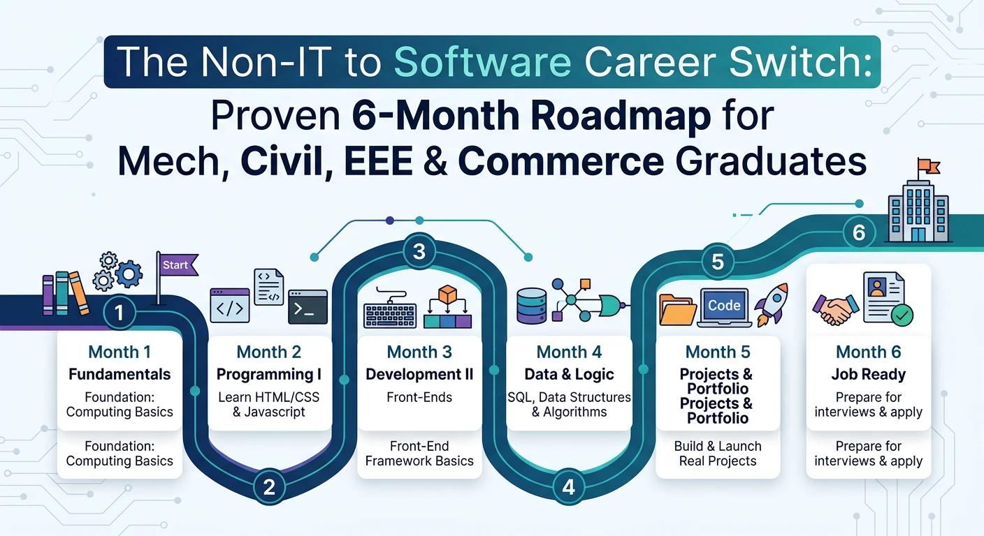 The Non-IT to Software Career Switch: Proven 6-Month Roadmap for Mech, Civil, EEE & Commerce Graduates